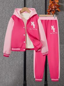 SHEIN Tween Girl Letter Graphic Two Tone Hooded Jacket & Sweatpants Without Tee - Hot Pink - View 1
