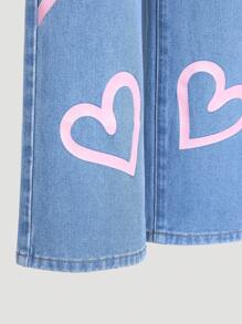 Girl's Casual Pink Heart Print All-Match Loose Fit Straight Leg Jeans Pants, Versatile For All Seasons - Medium Wash - View 3