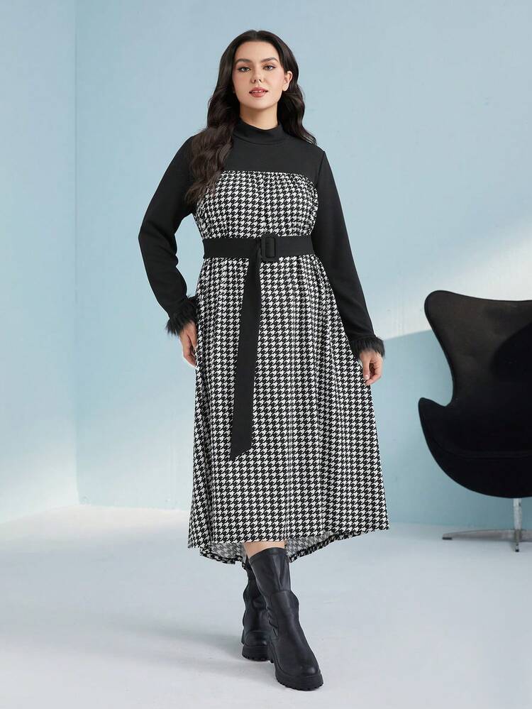 Plus Houndstooth Print Fuzzy Cuff Belted Dress
