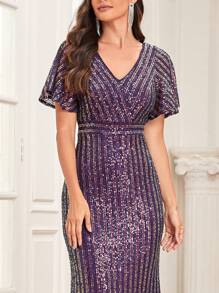 V-Neck Butterfly Sleeve Sequin Mermaid Formal Dress - Purple - View 4