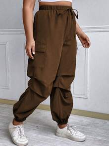 Flirla 大碼側翻蓋口袋腰部抽繩褶邊工裝褲 - 棕色 - 查看 5