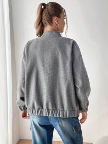 SHEIN EZwear 素色拉鏈開襟落肩袖花呢外套 - 灰色 - 查看 2