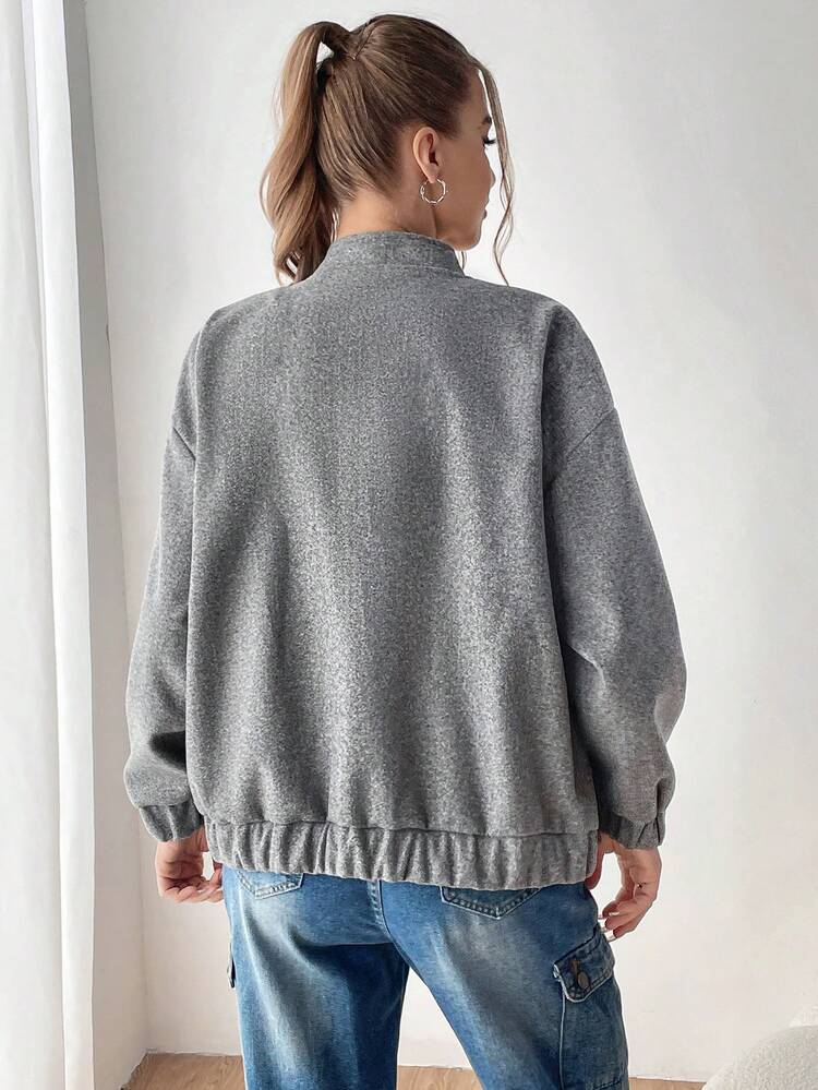 Solid Zip Up Drop Shoulder Overcoat