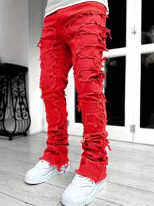 Teen Boy Ripped Frayed Jeans - Red - View 3