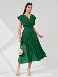 Modelyn Solid Ruched Waist A-line Dress - Green - View 6