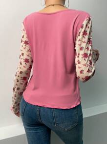 SHEIN LUNE 碎花前繫帶木耳邊上衣 - 粉色 - 查看 2