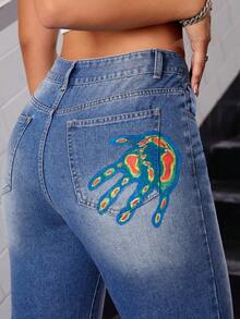 SHEIN EZwear Women's Hand Printed Denim Pants - Blue - View 3