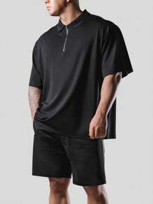 Manfinity Sport Corelite Herren Sport Polo Shirt mit halbem Reißverschluss, einfarbig, Workout Tops, Golf Shirt - Schwarz - Übersicht 3