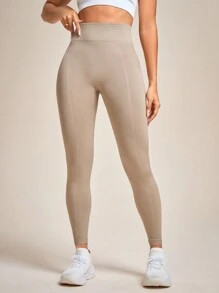 SHEIN Yoga Basic 素色寬腰帶運動打底褲 - 駝色 - 查看 3