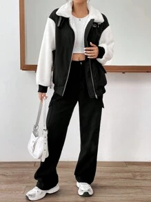 SHEIN EZwear Khối màu Tương phản Teddy Thả vai Áo khoác - Đen và trắng - Xem 5