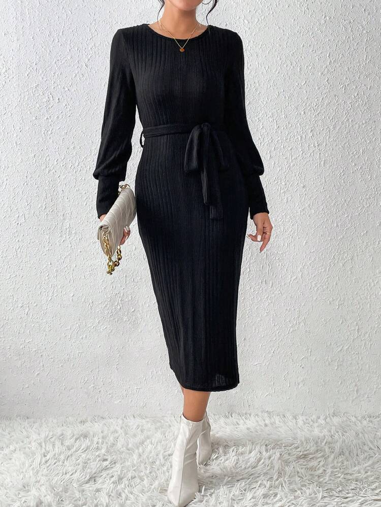 Guipure Lace Insert Lantern Sleeve Belted Bodycon Dress