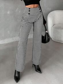 SHEIN Cottnline Women's Houndstooth Pattern Button Detail Straight Leg Pants - Black and White - View 4