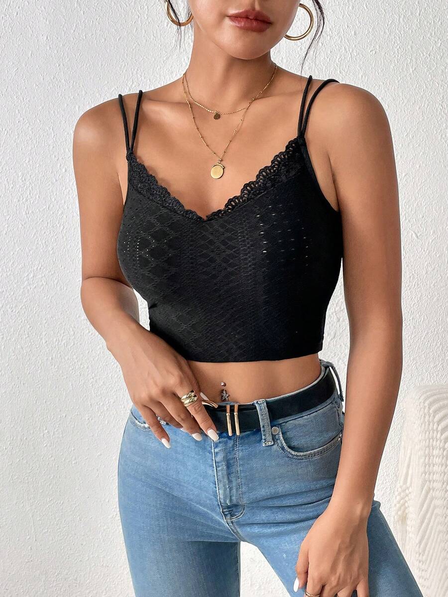 SHEIN Frenchy Solid Lace Trim Crop Cami Top - Black - View 1