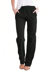 素色腰部抽繩直筒褲 - 黑色 - 查看 1