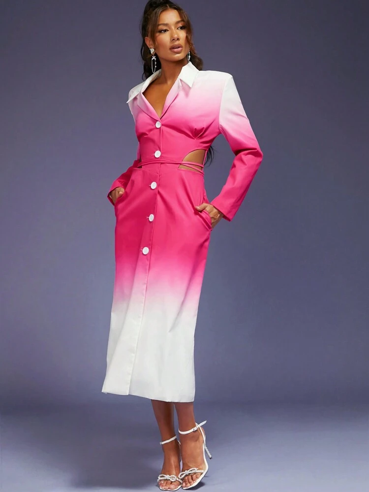 Ombre Cut Out Tie Button Trench Coat