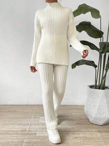 SHEIN LUNE Mock Neck Drop Shoulder Sweater & Knit Pants - White - View 4