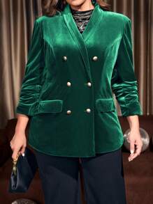 EMERY ROSE Plus Shawl Collar Velvet Blazer - Dark Green - View 3