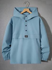 Thiếu niên con trai Nút Nửa Chi tiết được vá áo có mũ Áo khoác - Màu xanh lam - Xem 1