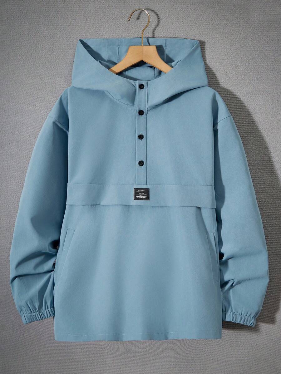 Thiếu niên con trai Nút Nửa Chi tiết được vá áo có mũ Áo khoác - Màu xanh lam - Xem 1