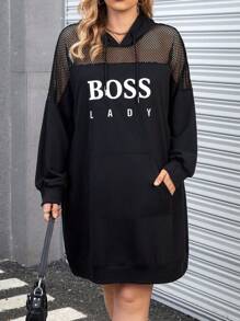 Calvaya Plus Letter Graphic Contrast Fishnet Drop Shoulder Drawstring Hoodie Dress Graduation,Back To School Outfits,Graduation,Teacher Outfits For Women,Back To School Pullover Fall Outfit Winter Autumn - Black - View 5