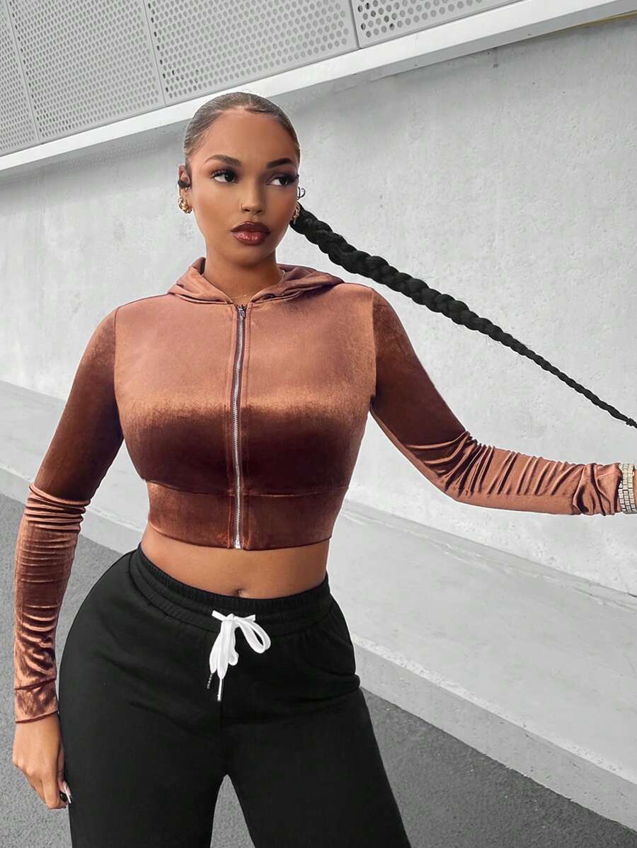 SHEIN SXY 拉鏈開襟短款連帽衫 - 棕色 - 查看 1