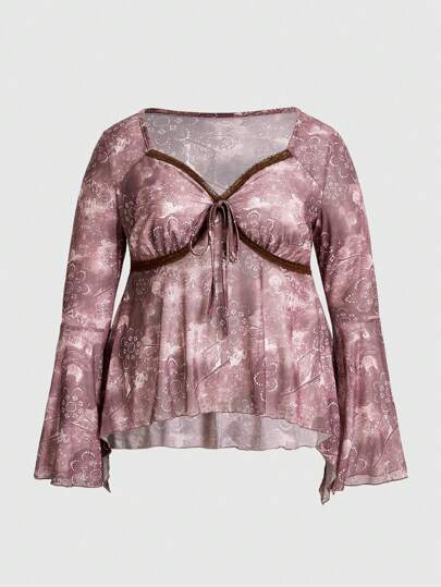Fairycore Talla grande Top con estampado con cordón delantero de manga amplia