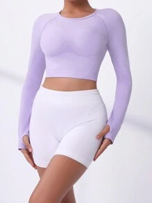 Easithlete Raglan Sleeve Sports Tee With Thumb Holes - Purple - View 1