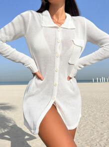 素色前紐扣口袋貼布襯衫洋裝 - 白色 - 查看 1