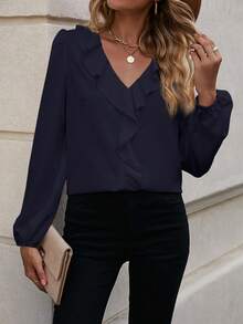 SHEIN LUNE Viền Ruffle Tay áo lồng đèn Áo sơ mi - Xanh đậm - Xem 5