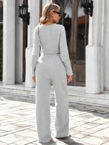 RueChic Chất rắn Áo phông Crop & Quần - Xám - Xem 2