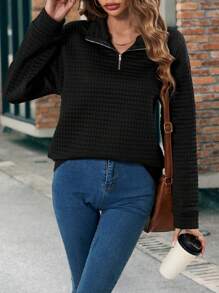 SHEIN LUNE Một nửa khóa kéo Thả vai Áo nỉ - màu đen - Xem 1