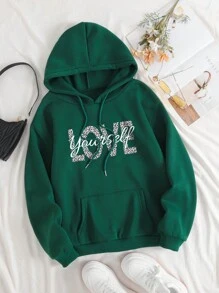 SHEIN EZwear Plus Size Letter Graphic Kangaroo Pocket Drawstring Thermal Lined Sweatshirt - Green - View 1