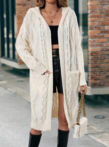 SHEIN LUNE 雙口袋落肩袖連帽開襟開衫 - 米色 - 查看 1