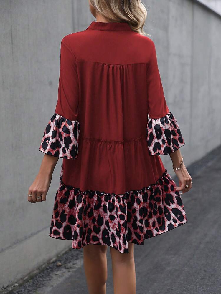 Leopard Print Flare Sleeve Ruffle Hem Smock Dress