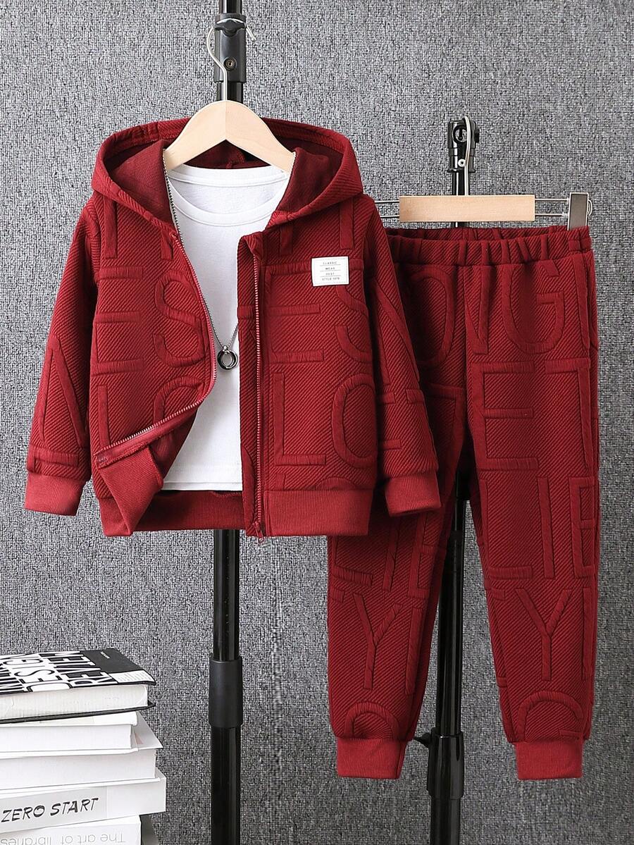 SHEIN Chàng trai trẻ Chi tiết Patched thư Khóa kéo UP Áo Hoodie & Quần thể thao Without Tee - Màu Đỏ Sâu - Xem 1