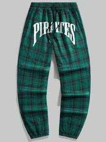 ROMWE MEN Prep Men Letter Print Plaid Drawstring Waist Jogger Pants - Green - View 1