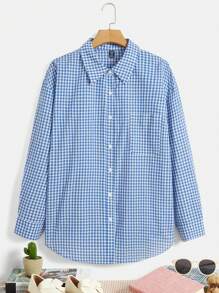 SHEIN EZwear Plus Gingham Print Pocket Patched Shirt - Blue and White - View 1