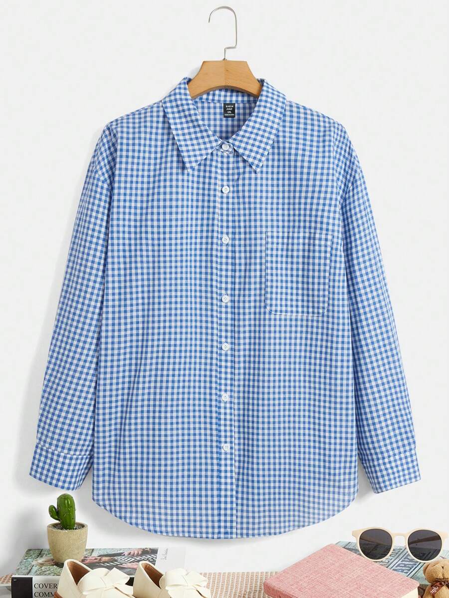 SHEIN EZwear Plus Gingham Print Pocket Patched Shirt - Blue and White - View 1