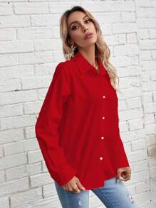 RueChic Chất rắn Nút phía trước Áo sơ mi - Đỏ - Xem 3