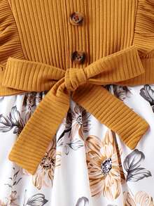 SHEIN 女小童印花荷葉邊繫腰帶洋裝 - 卡其色 - 查看 5