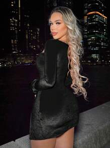 SHEIN SXY Square Neck Flounce Sleeve Split Thigh Bodycon Dress - Black - View 2