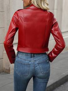 SHEIN Essnce 拉鏈開襟PU皮革機車夾克 - 紅色 - 查看 2