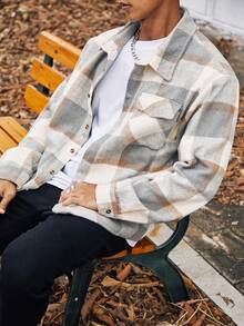 Manfinity Homme 男士大码格紋翻蓋口袋襯衫式夾克 - 灰色 - 查看 6