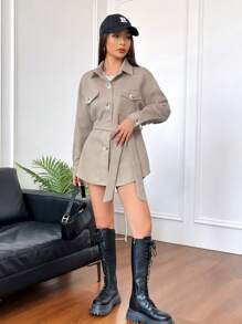 SHEIN Unity 翻蓋口袋落肩袖腰帶花呢外套 - 杏色 - 查看 6