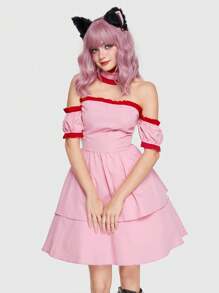 ROMWE Kawaii Off Shoulder Ruffle Hem Costume Dress - Pink - View 7