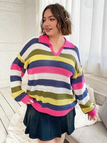 Flirla Plus Striped Colorblock Drop Shoulder Pointelle Knit Sweater Knit Pullover Fall Winter Sweater - Multicolor - View 3