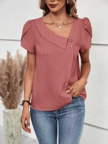 EMERY ROSE 不對稱領花瓣袖襯衫 - 藕粉色 - 查看 3