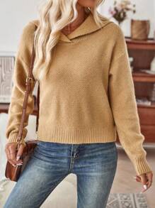 GENKIRA Sailor Collar Drop Shoulder Knit Pullover Fall Winter Sweater - Camel - View 3