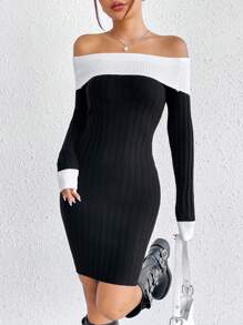 SHEIN EZwear Abito maglione aderente con spalle scoperte e costine con motivo a blocchi di colore - Bianco e nero - Visualizzare 3