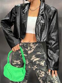 SHEIN EZwear Crocodile Embossed Crop PU Leather Blazer - Black - View 4